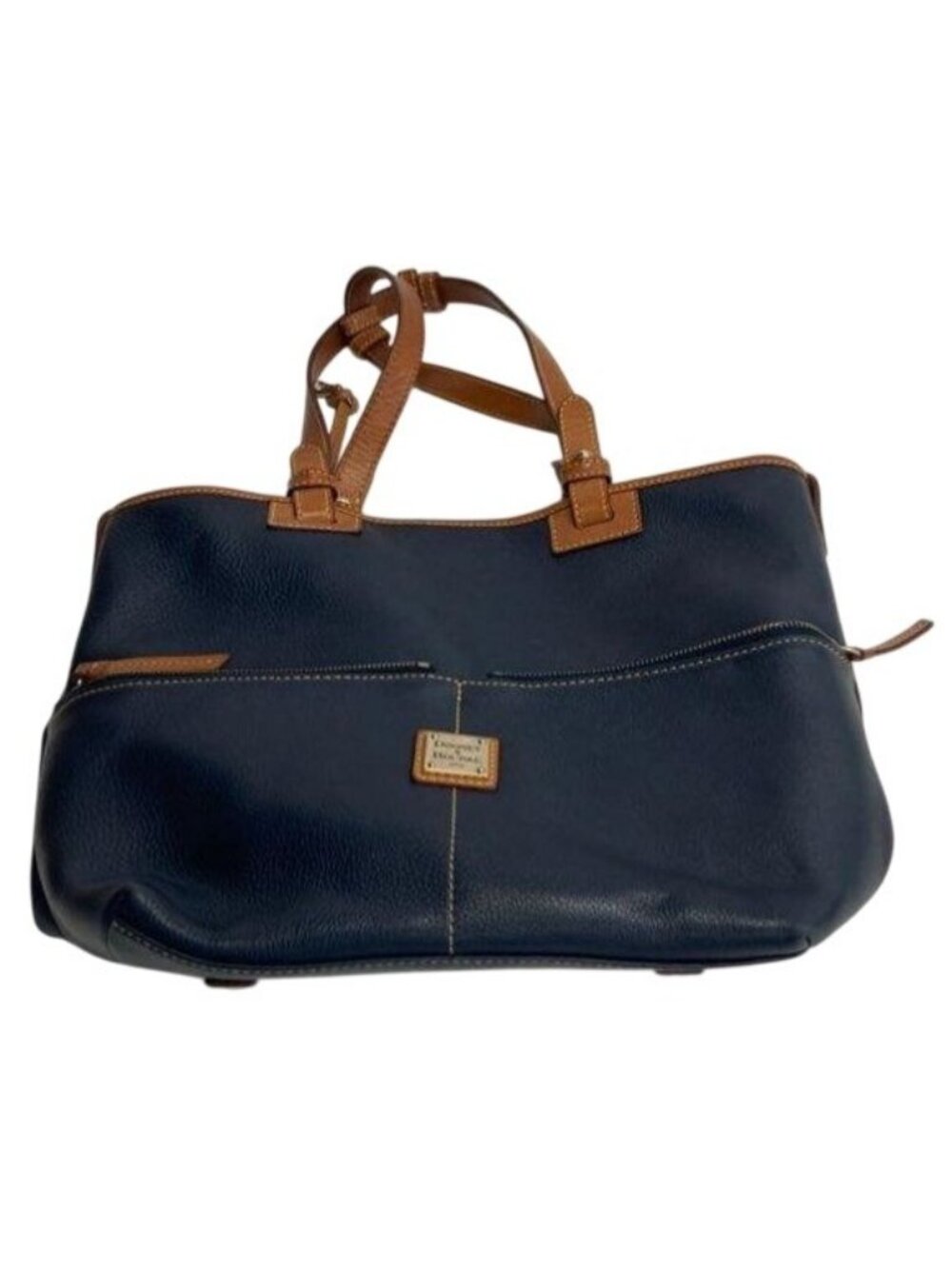 Dooney & Bourke Navy Leather Tote Bag With Tan Accents & Gold Hardware